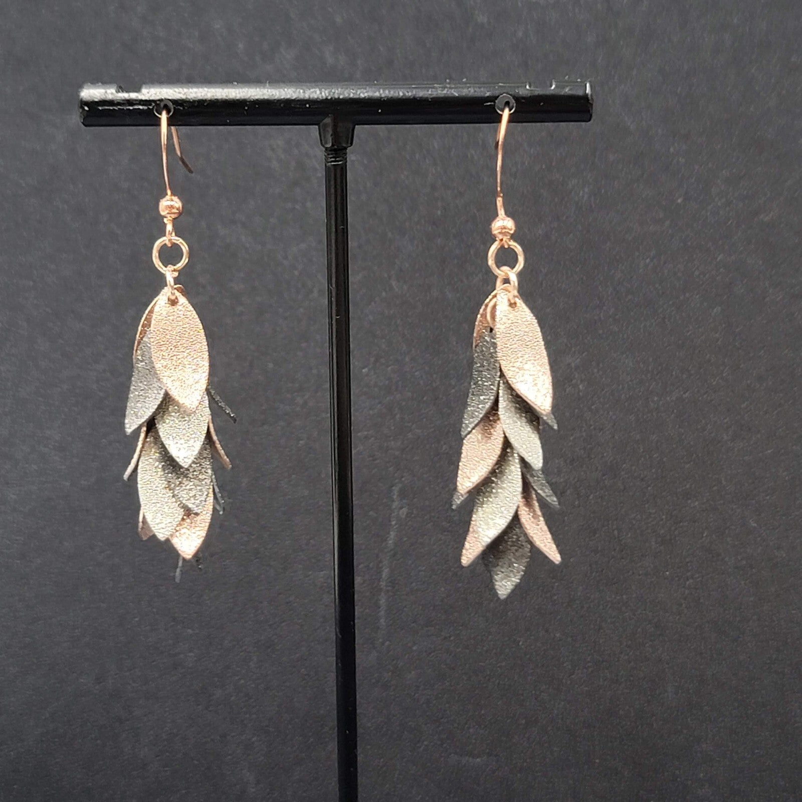 Pierced Earrings Tricolor Gunmetal Silver Rose Gold Dangle Leaves 1 5/8"