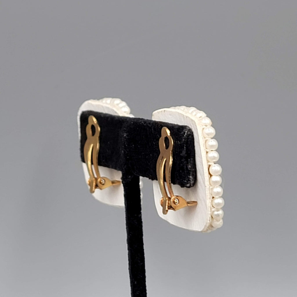 Vintage White Bead Sequin Leather Clip on Earrings Square Gold tone 1.25"