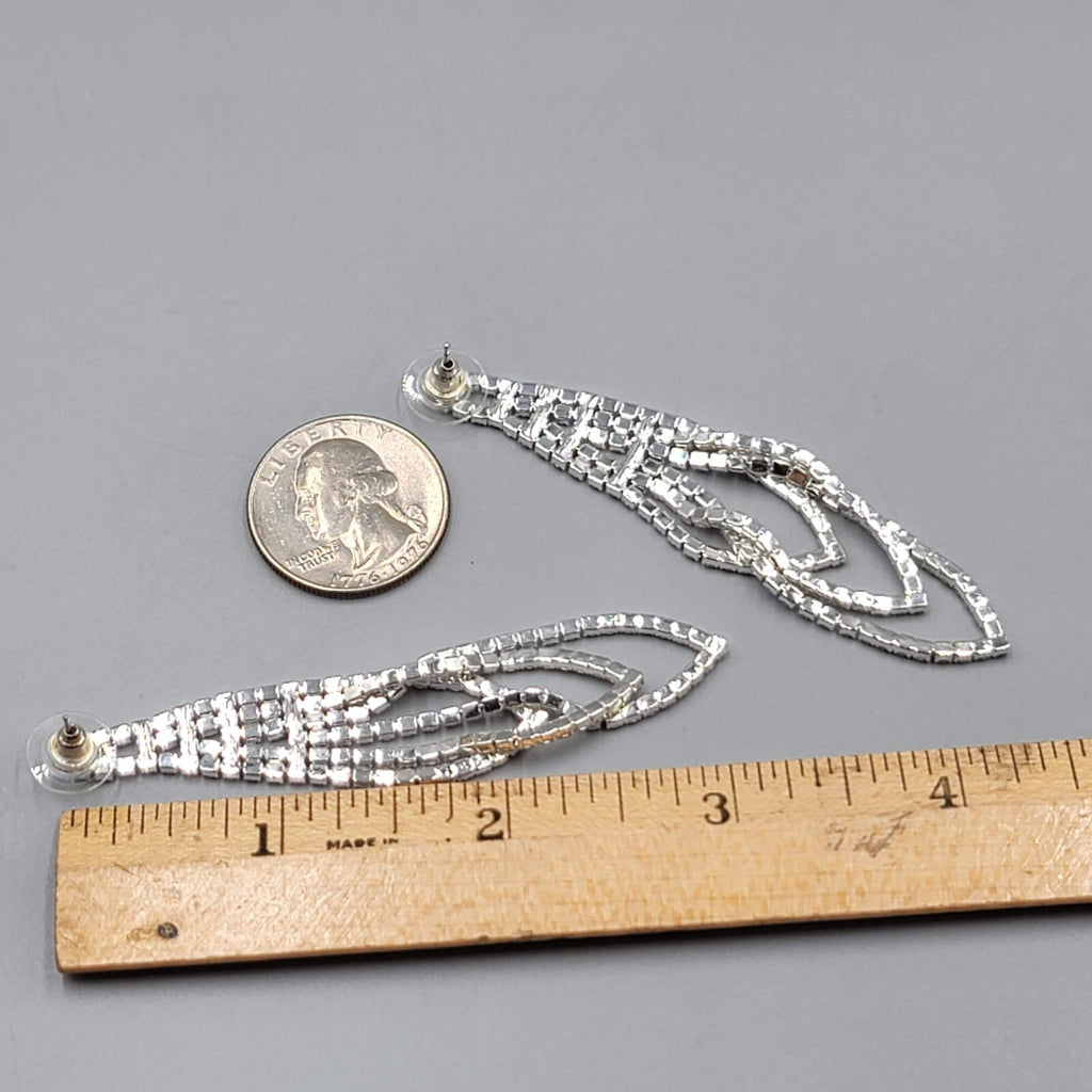 Silver tone Rhinestone Pierced Earrings Long Loop Statement 2.75"