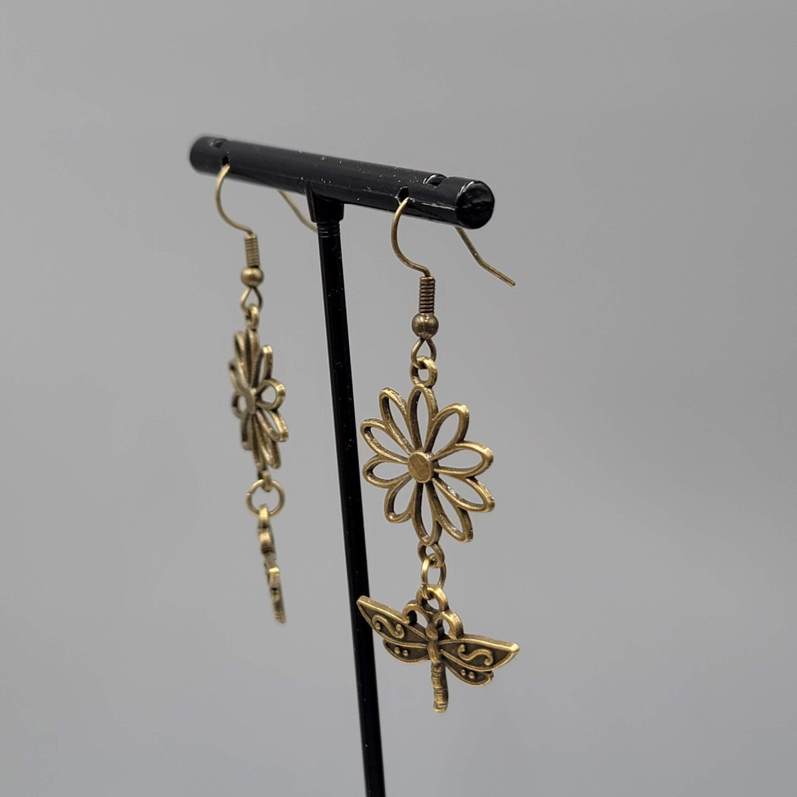Dragonfly Flower Pierced Earrings Bronze tone Dangle NEW 1 5/8"