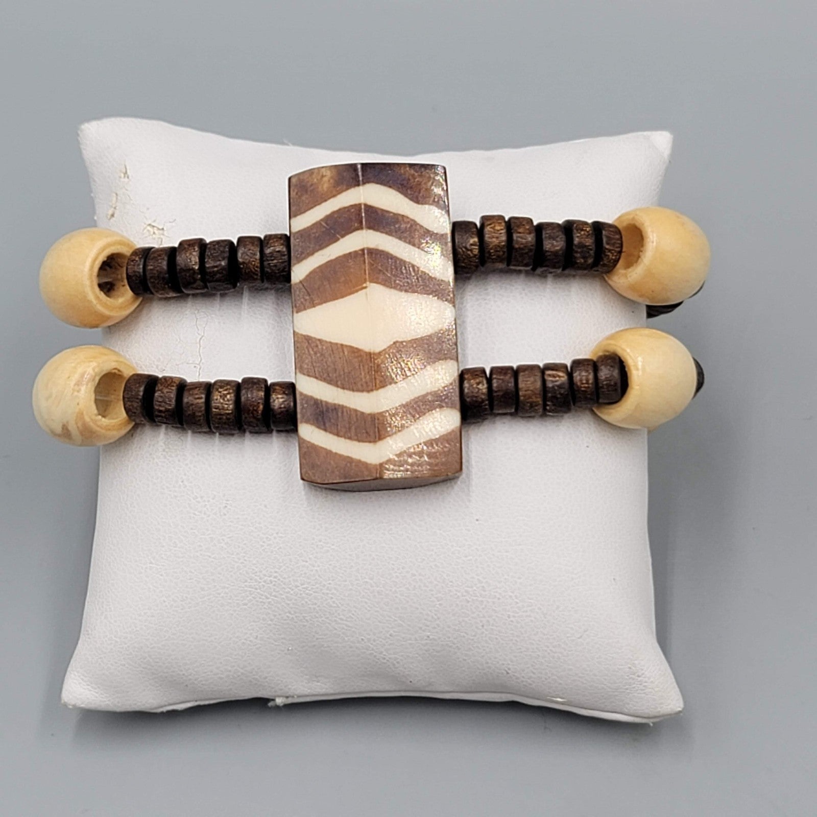 Boho Tribal Wood Bead Bracelet Elastic Stretch Double Strand 7"