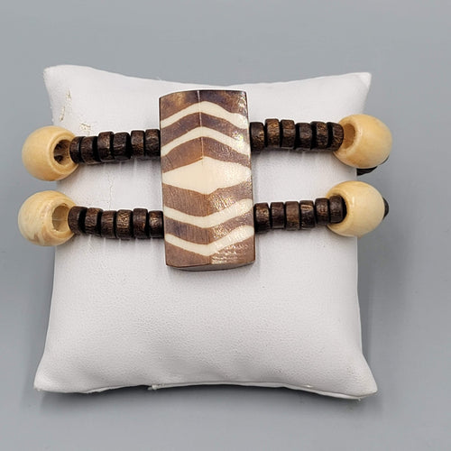 Boho Tribal Wood Bead Bracelet Elastic Stretch Double Strand 7"