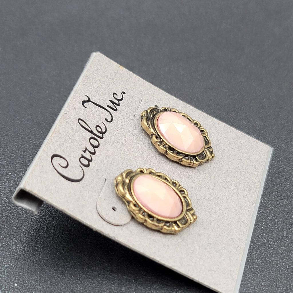 VintageCarol Inc  Pierced Earrings Gold tone Pink Faceted Oval Drop 3/4"