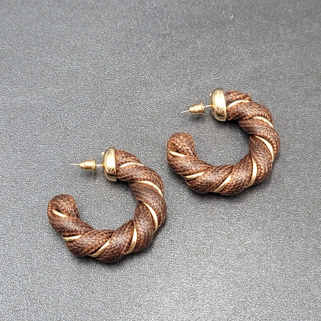 Pierced Earrings Gold tone Brown Fabric Wrapped Drop Hoops 1.5"