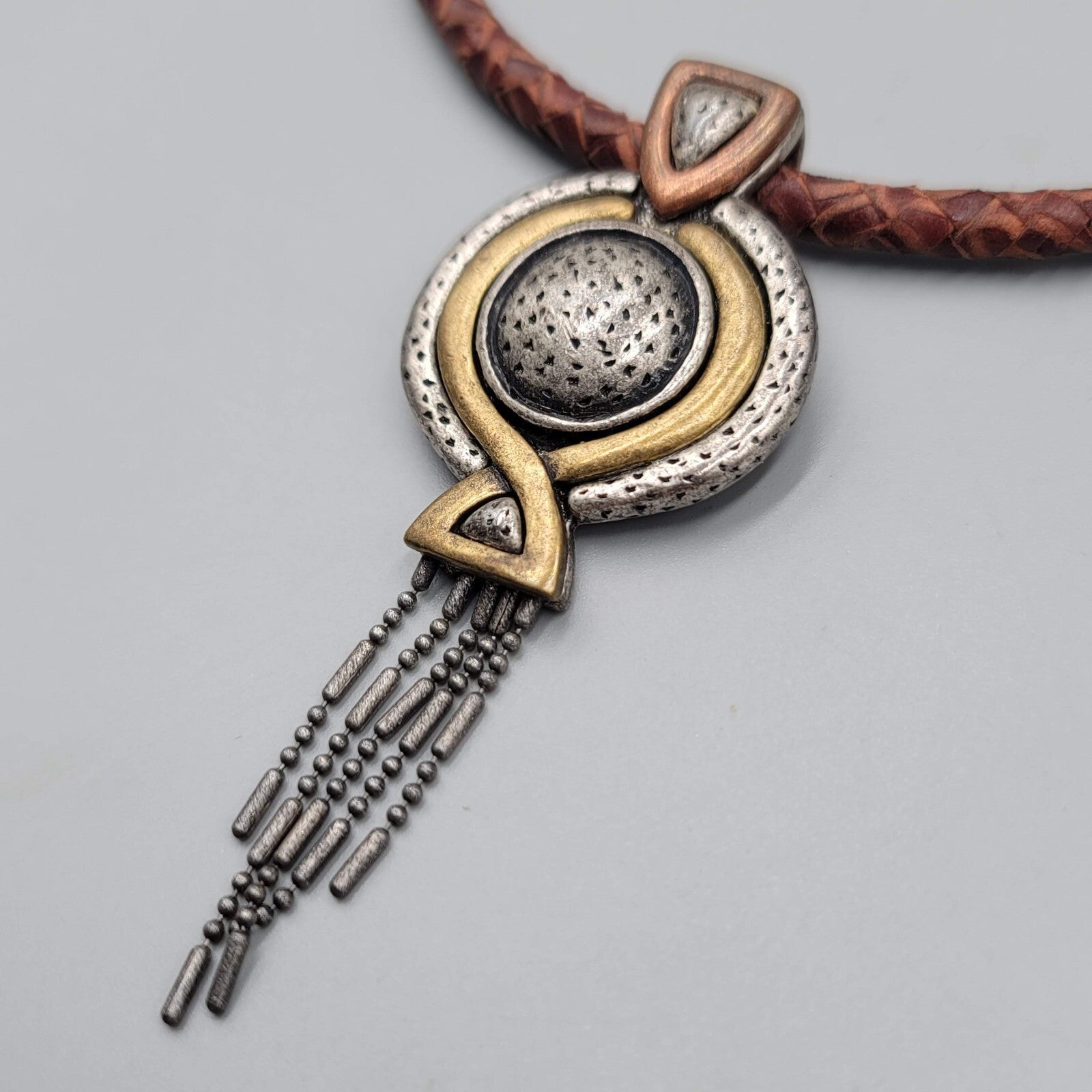 Chicos Necklace Brown Leather Cord Two toned Pendant Dangle Chains 16"