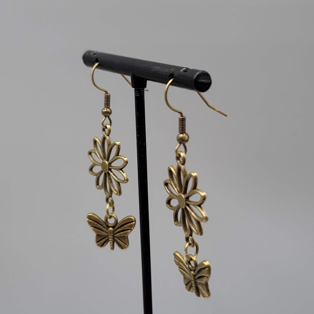 Butterly Flower Pierced Earrings Bronze tone Dangle NEW 1.5"