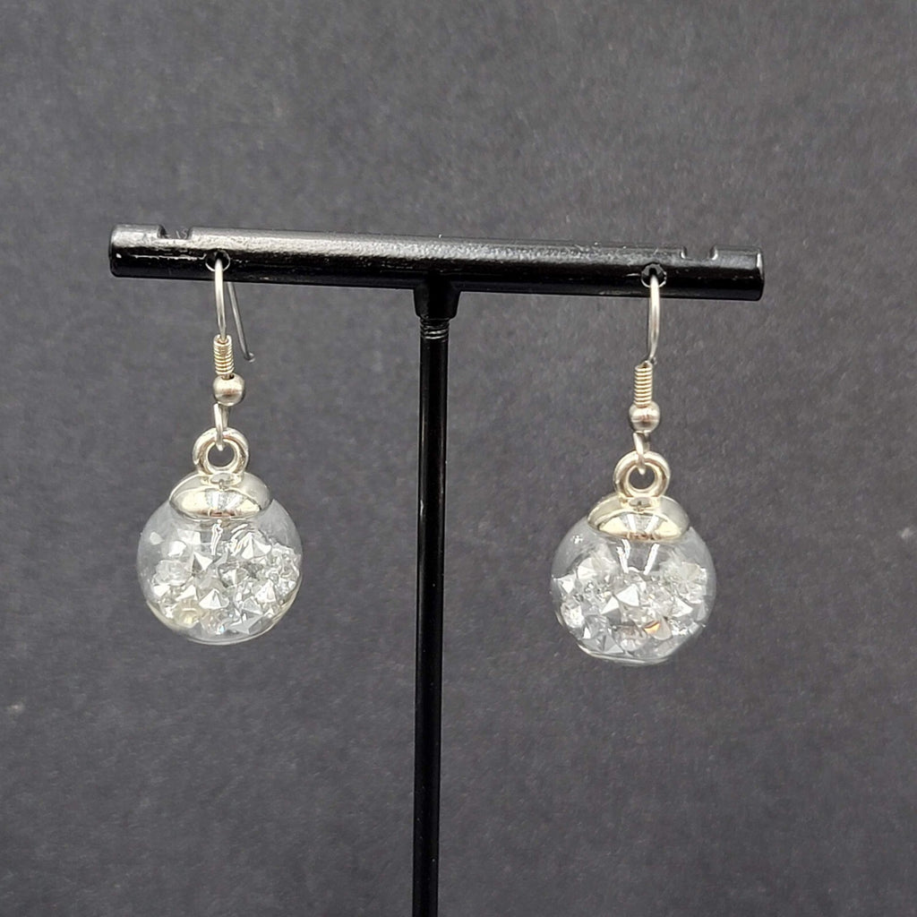 Pierced Earrings Silver tone Loose Silver Rhinestones Filled Sphere Dangle 3/4"