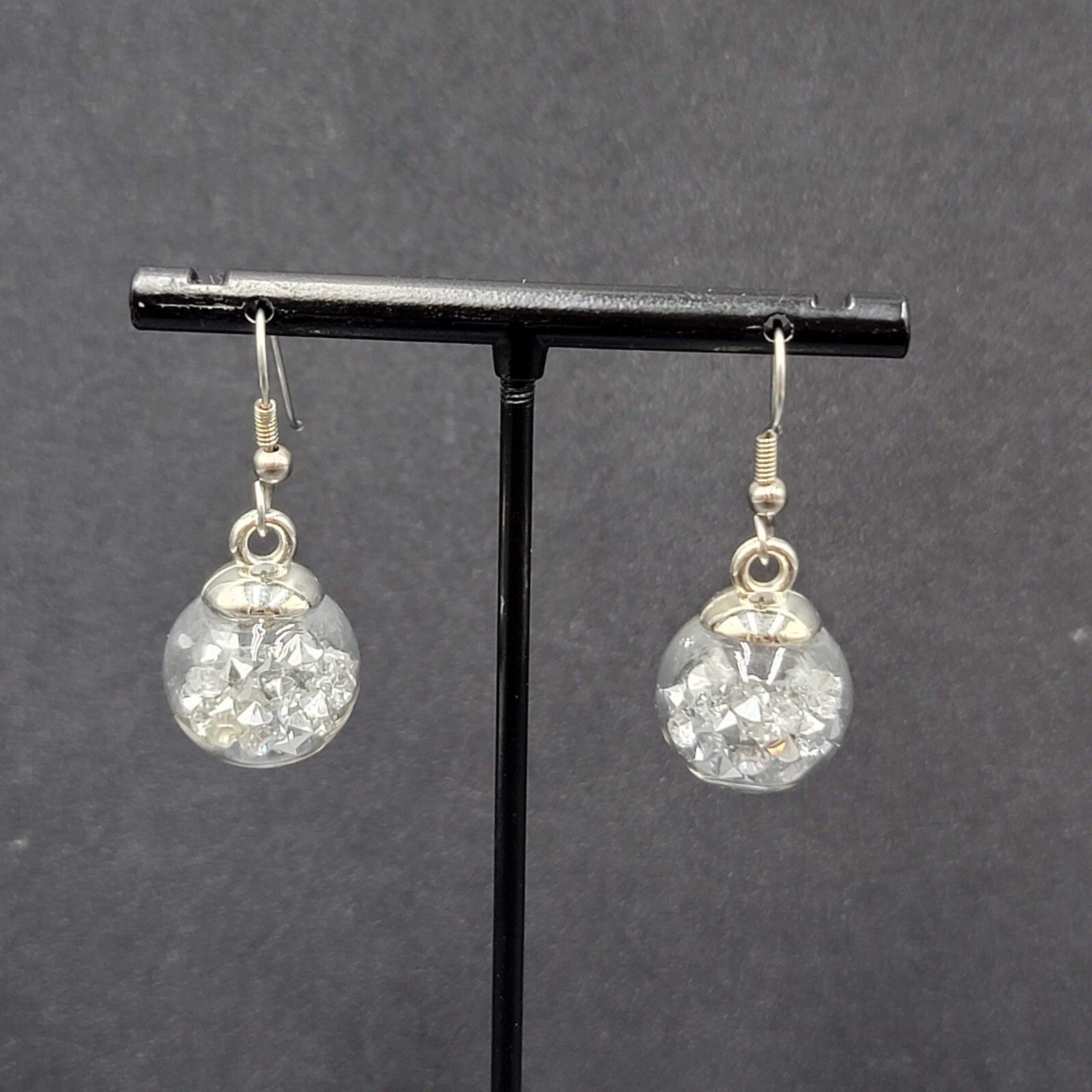 Pierced Earrings Silver tone Loose Silver Rhinestones Filled Sphere Dangle 3/4"