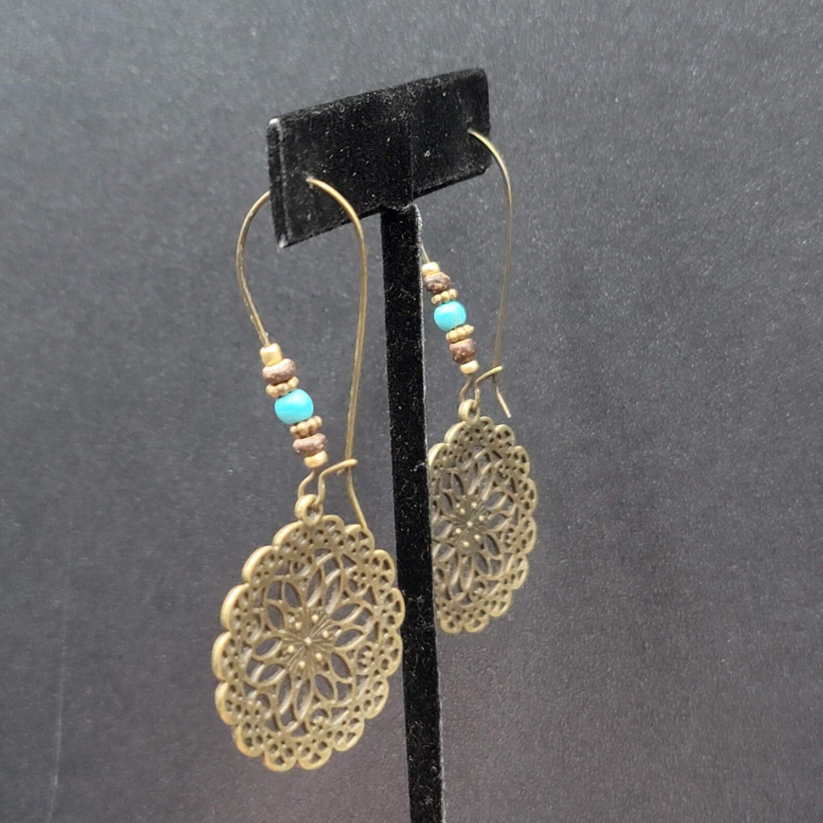 New Boho Pierced Earrings Antiqued Gold tone Blue Beas Enamel Mandala 2.75"