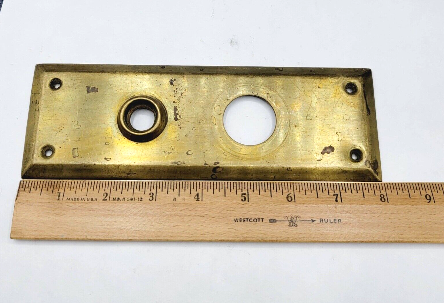 Vintage Brass Interior Doorknob Back Plate 8" x 2 3/4" holes 2 1/2"