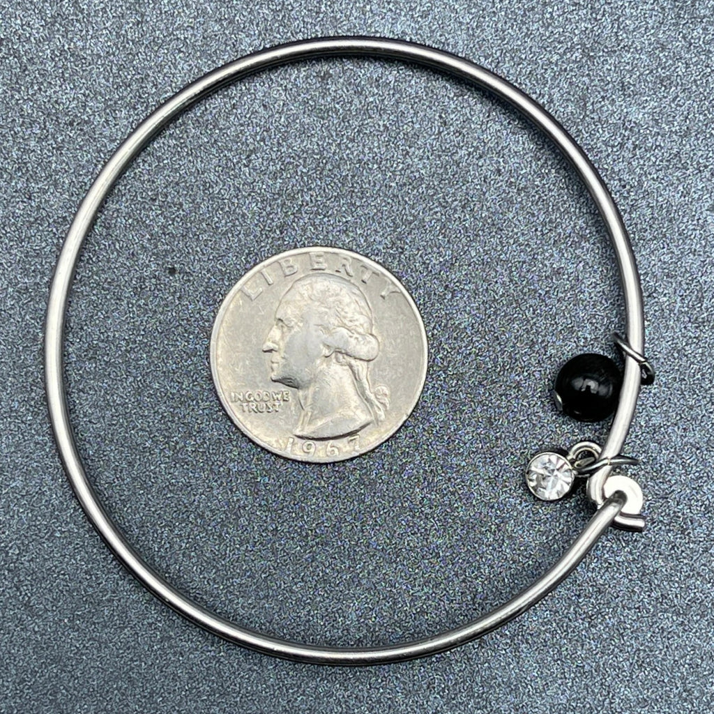 Silver tone Bangle Charm Bracelet Black Bead Charm Rhinestone 2 1/2"