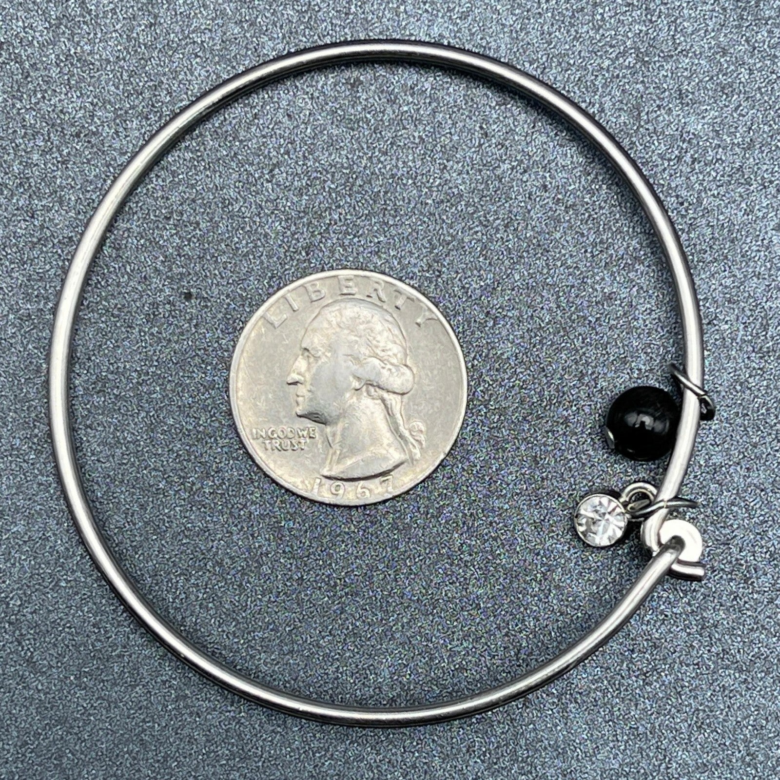 Silver tone Bangle Charm Bracelet Black Bead Charm Rhinestone 2 1/2"