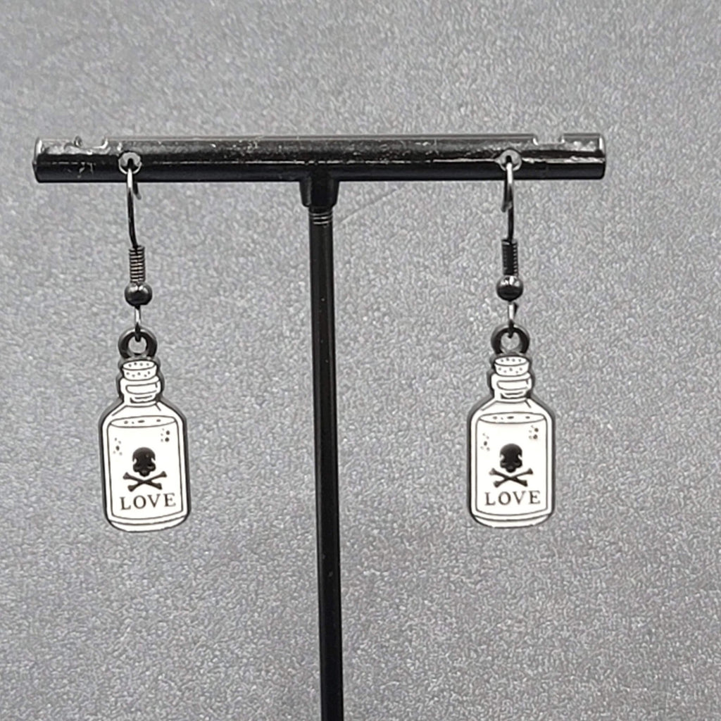 Love Poison Pierced Earrings Black White Enamel Dangle 7/8" 
