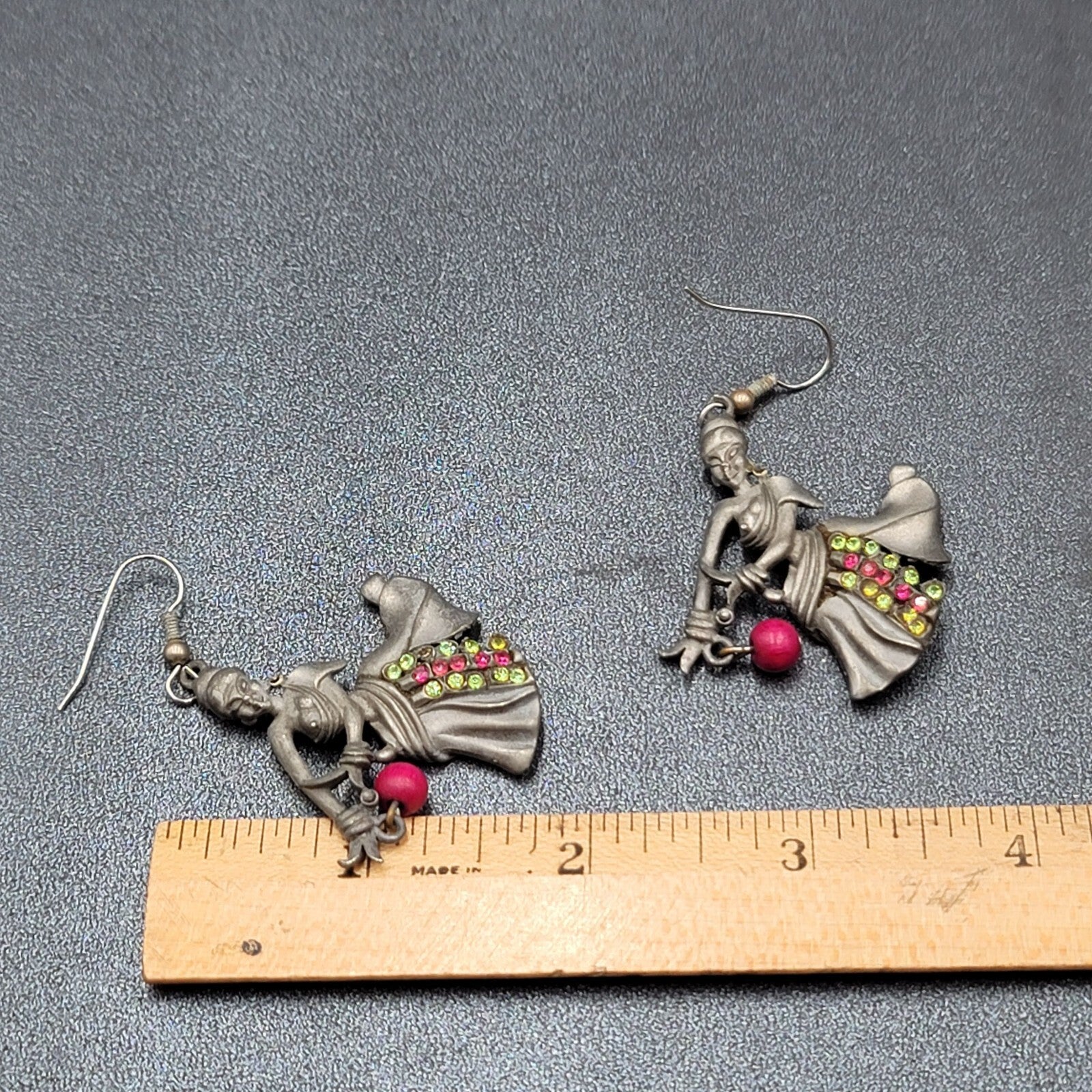 Vintage Dancer Pierced Earrings Lady Pewter Rhinestone 1.75"