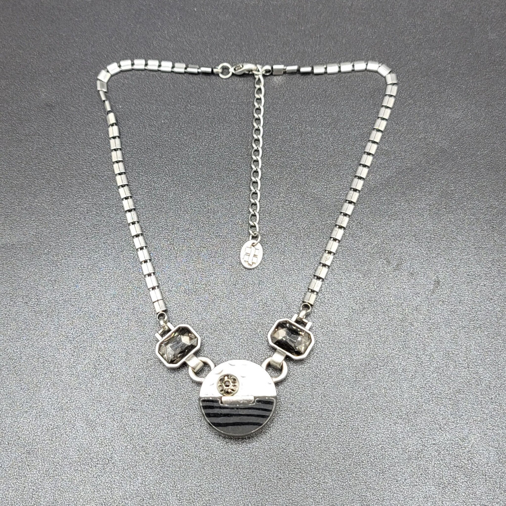 Silver tone Necklace Signed Unknown Brand Gray Black Glass Accents 17" - 19.5"
