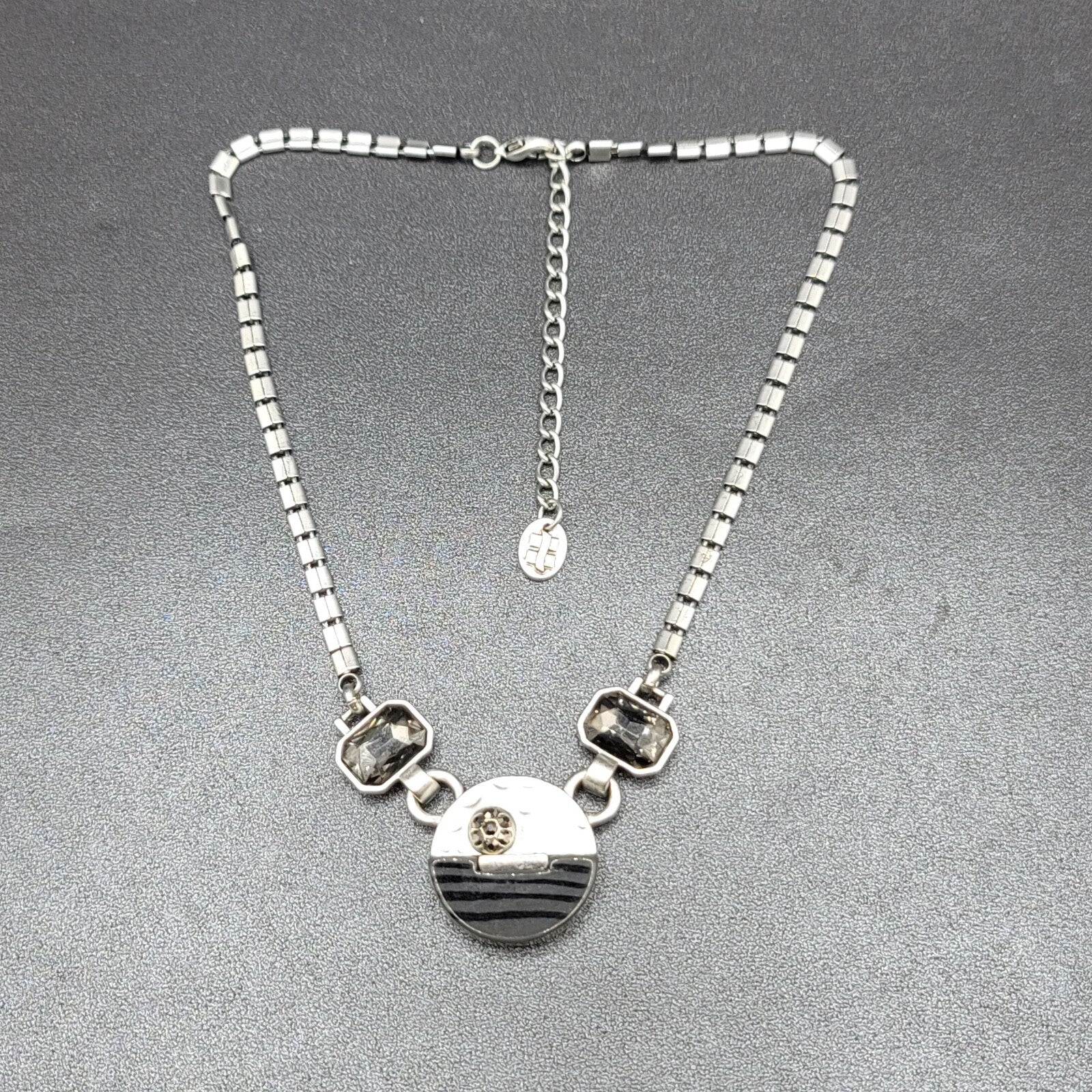 Silver tone Necklace Signed Unknown Brand Gray Black Glass Accents 17" - 19.5"