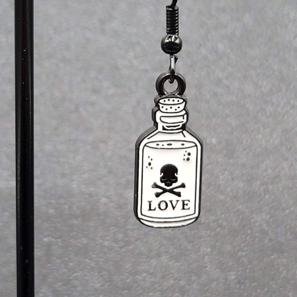Love Poison Pierced Earrings Black White Enamel Dangle 7/8" 