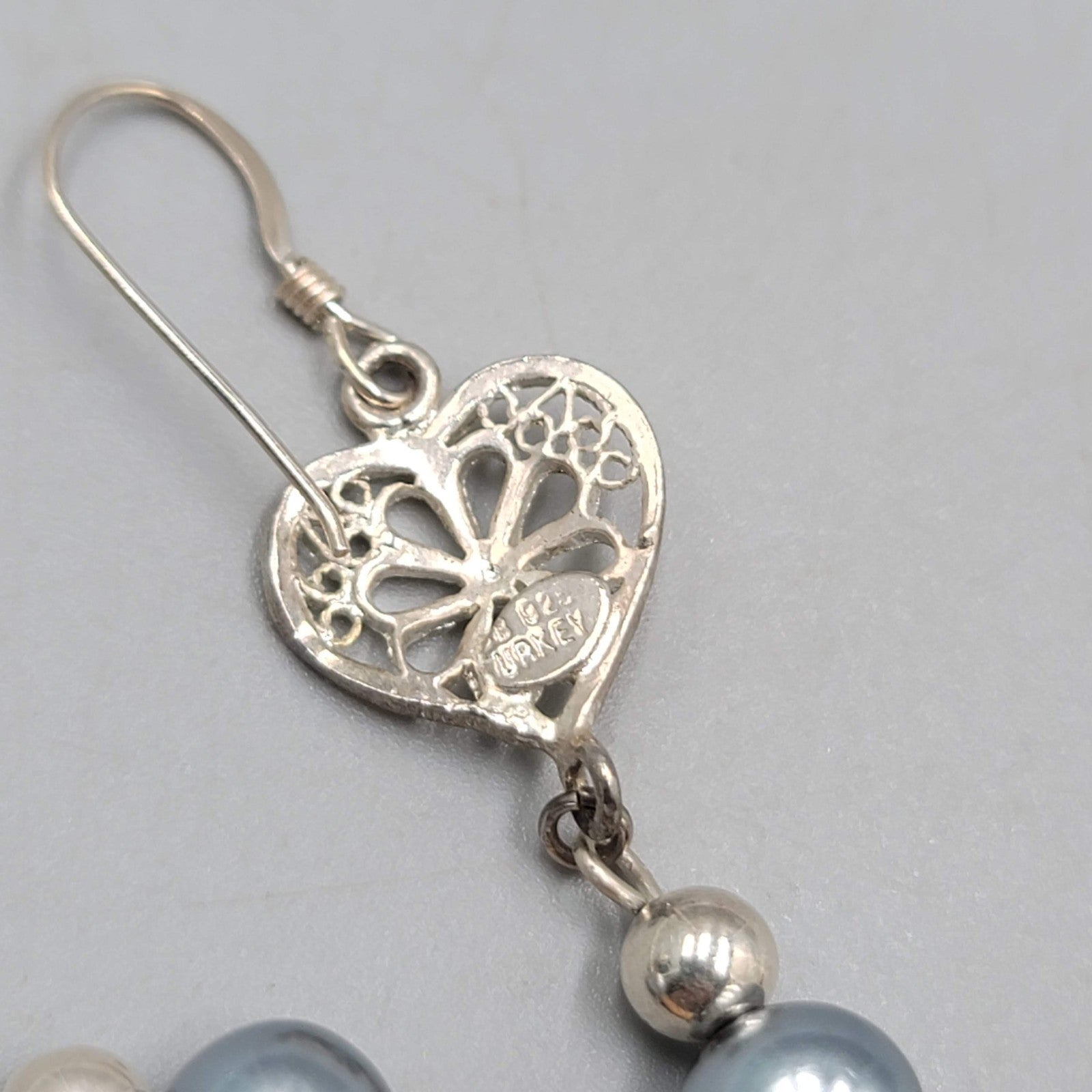 Sterling Silver Pierced Earrings Gray Bead Dangle 1.25" 925