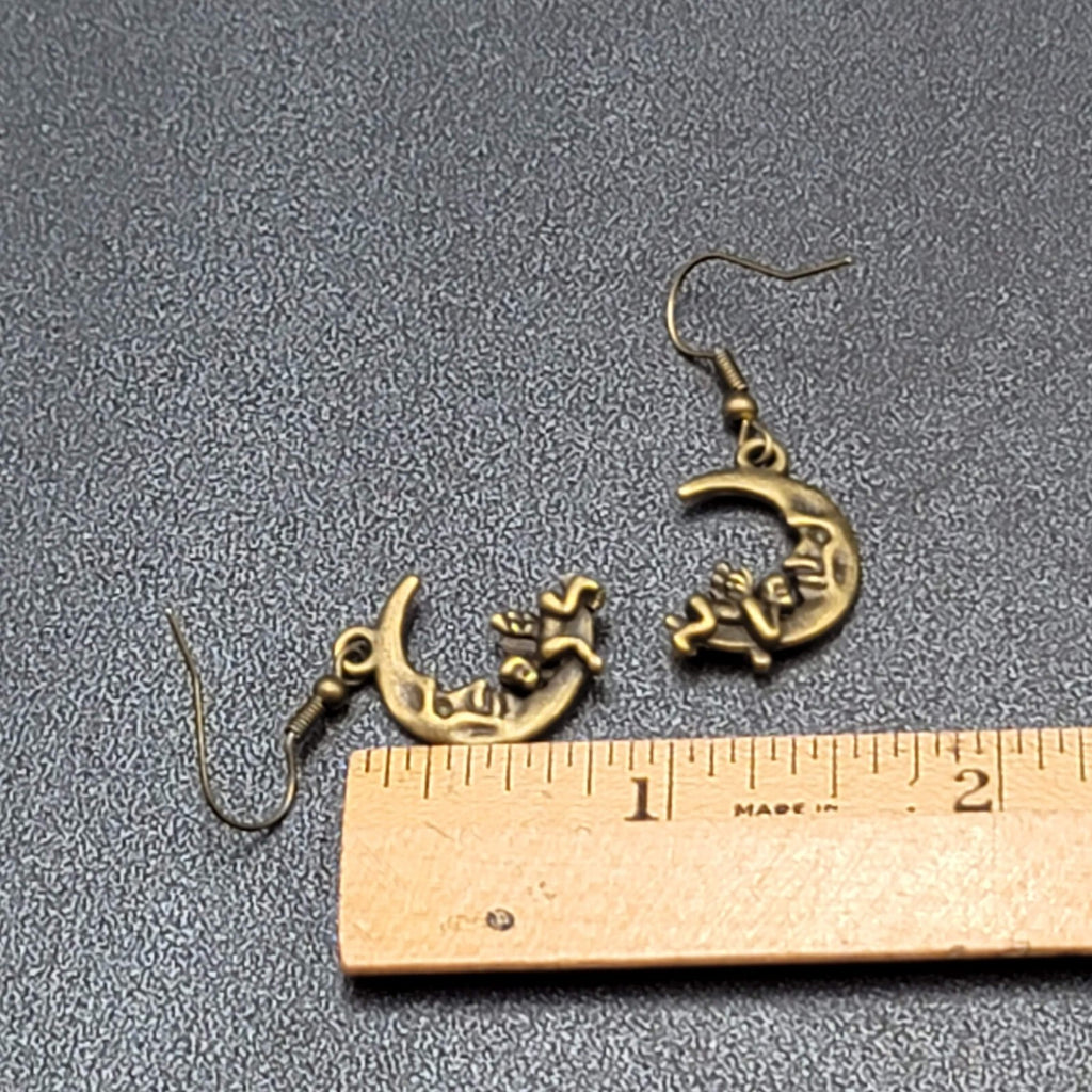 New Cherub Angel Moon Pierced Earrings Bronze tone Dangle 3/4"