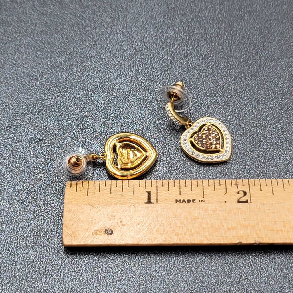 Sterling Silver Pierced Earrings Gold Plated Crystal Heart Dangle 1" 925