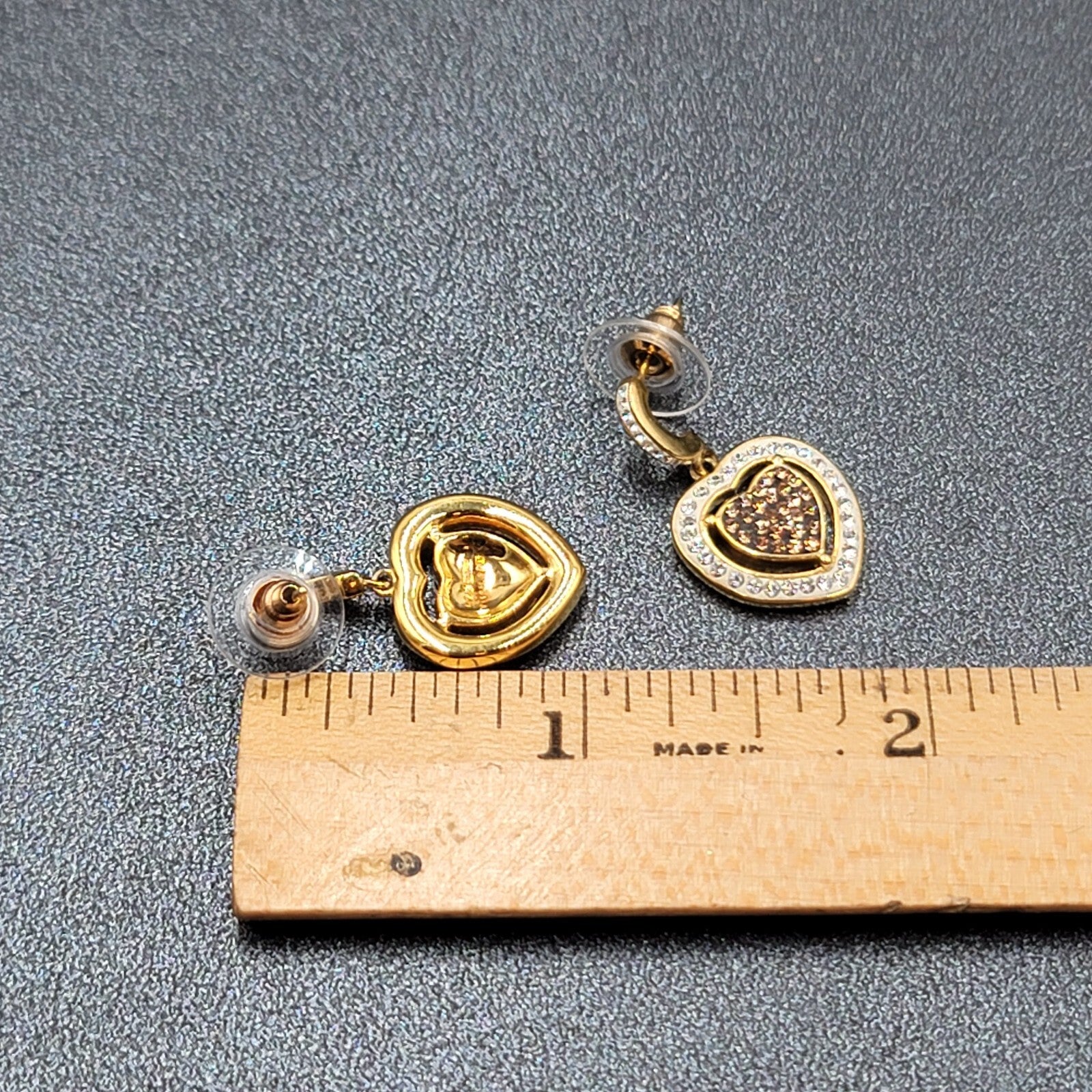 Sterling Silver Pierced Earrings Gold Plated Crystal Heart Dangle 1" 925