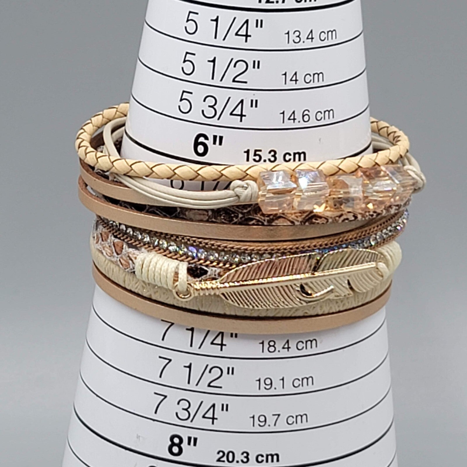 Wrap Bracelet Gold tone Tan Faux Leather Feather Charm Crystal Beads 6.5"
