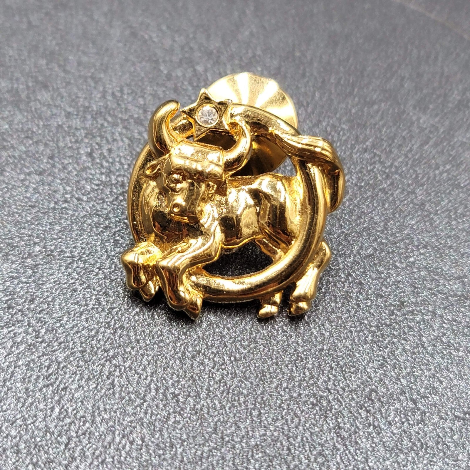 Zodiac Taurus Bull Lapel Hat Tie Pin Gold Plated Crystal Rhinestone 7/8"