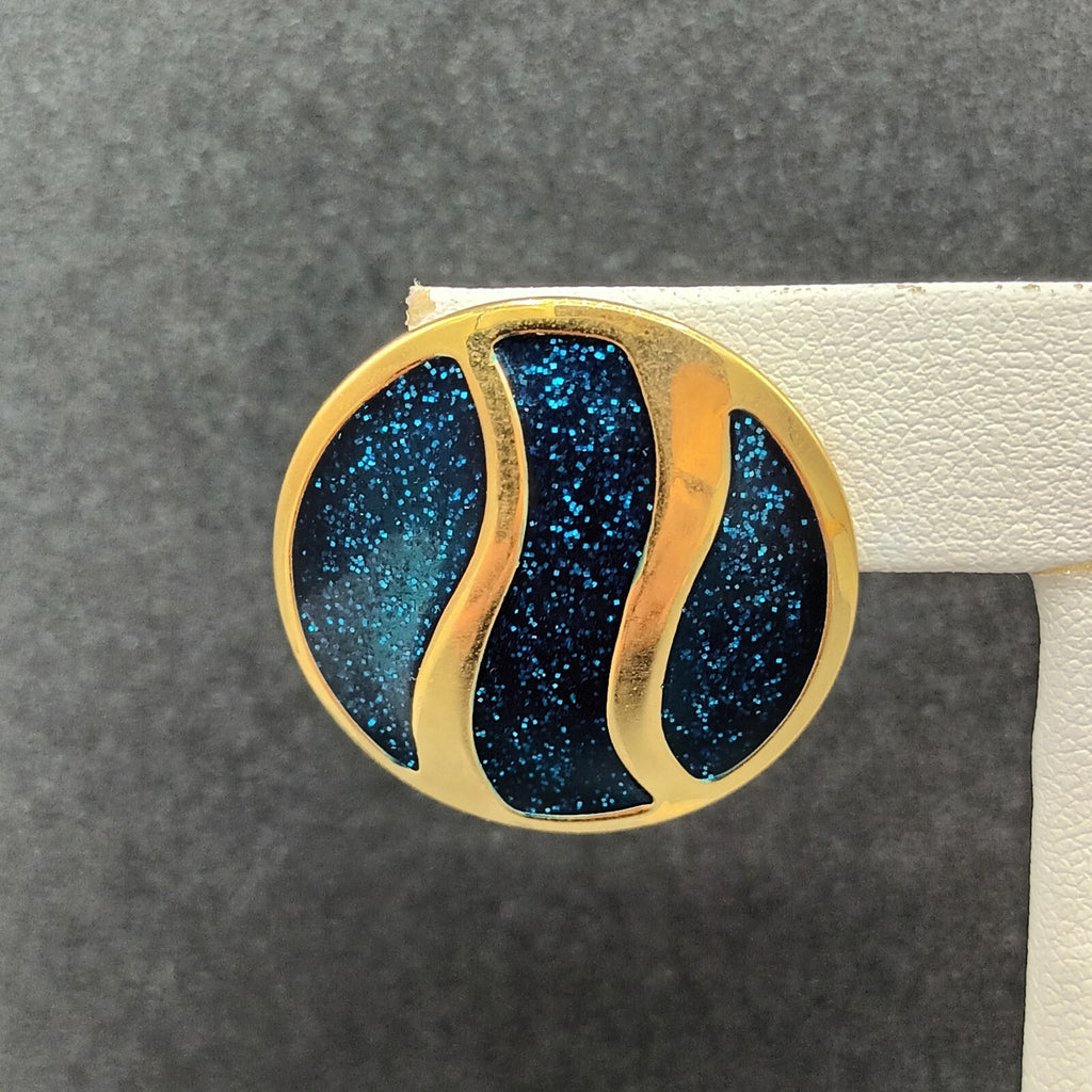 Vintage Pierced Earrings Polished Gold tone Blue Glitter Enamel Drop 1 1/8"