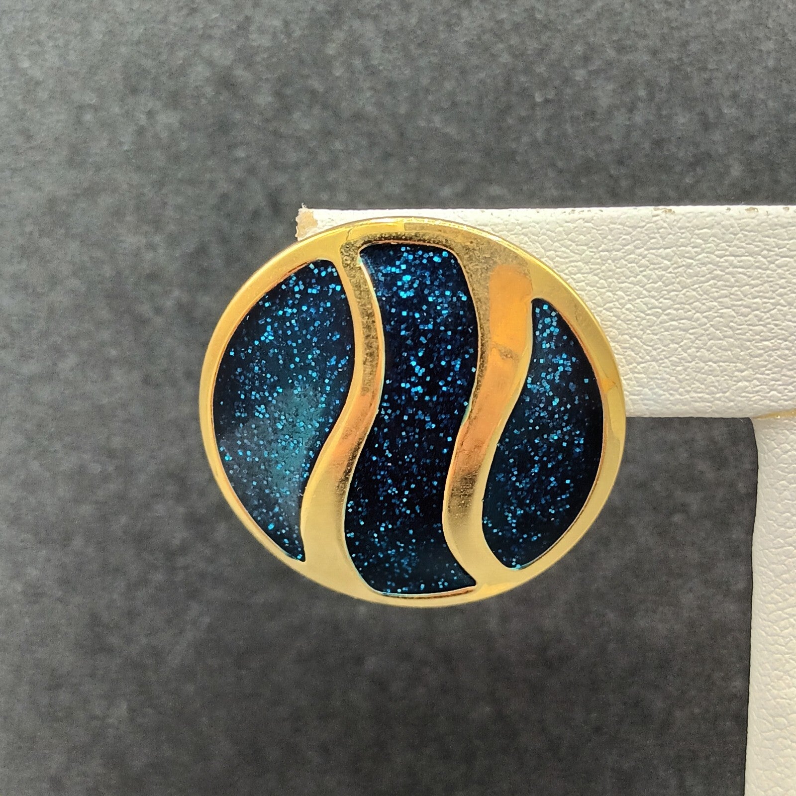 Vintage Pierced Earrings Polished Gold tone Blue Glitter Enamel Drop 1 1/8"