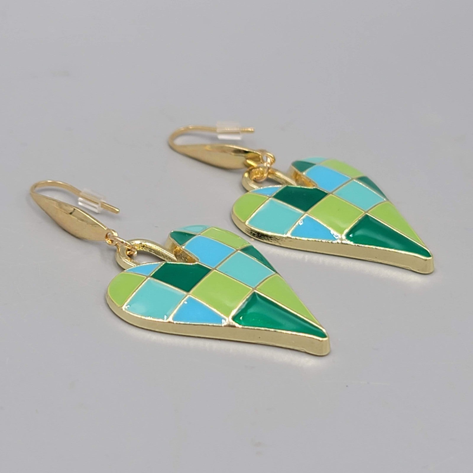 Green Enamel Checkered Heart Pierced Earrings Gold tone Dangle Large 1.5"