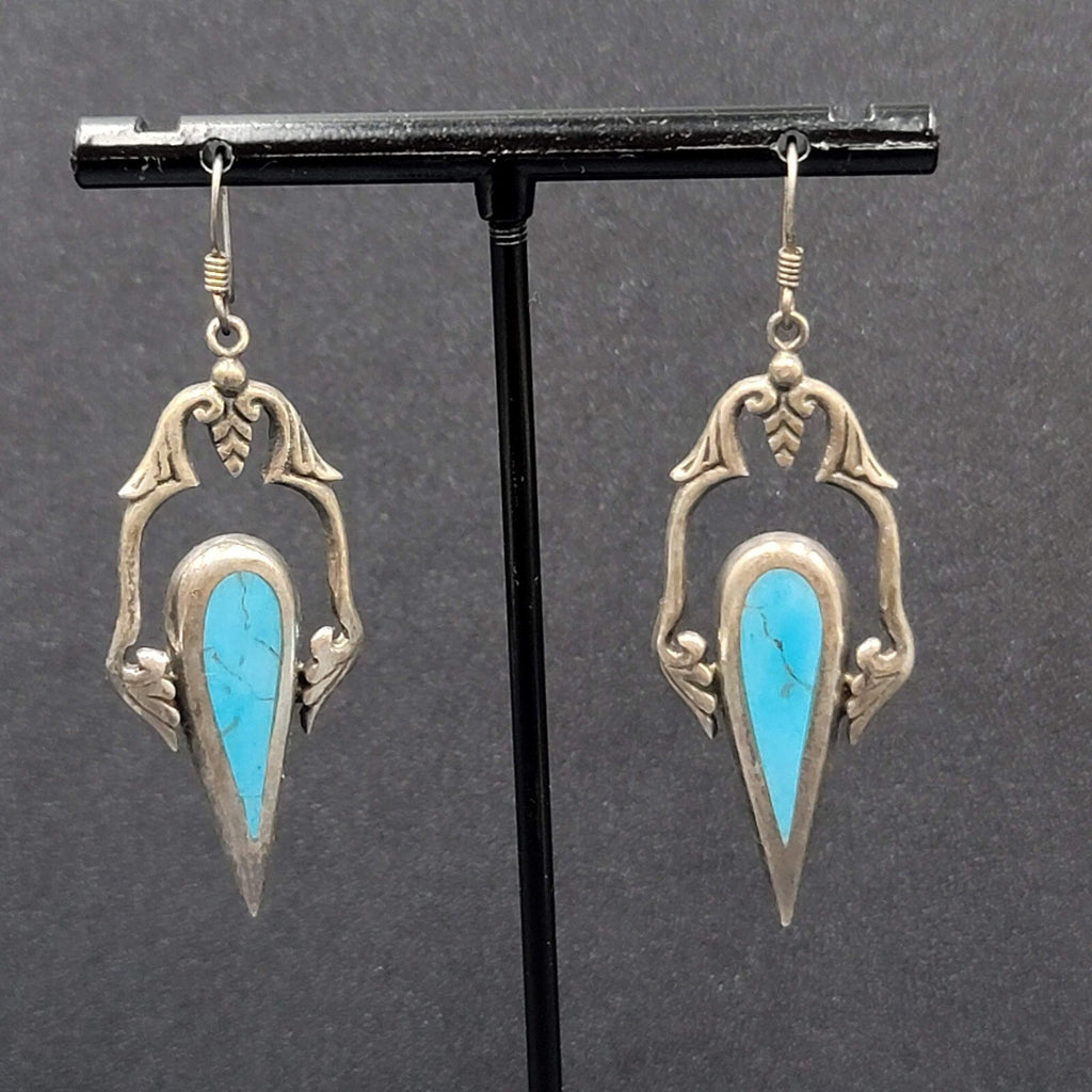 Sterling Silver Pierced Earrings Unique Blue Turquoise Dangle 1.75"