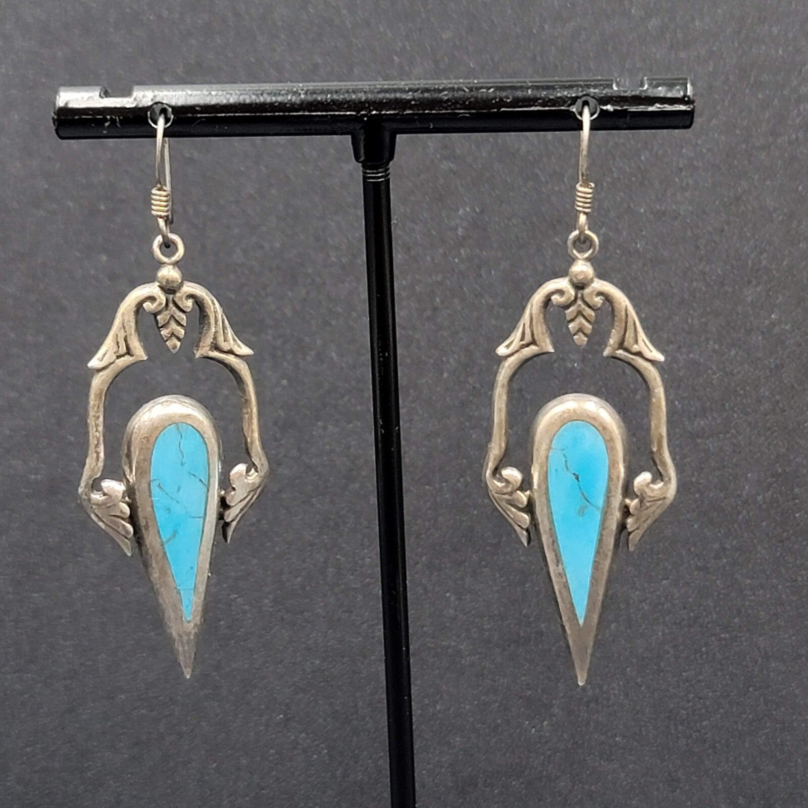 Sterling Silver Pierced Earrings Unique Blue Turquoise Dangle 1.75"