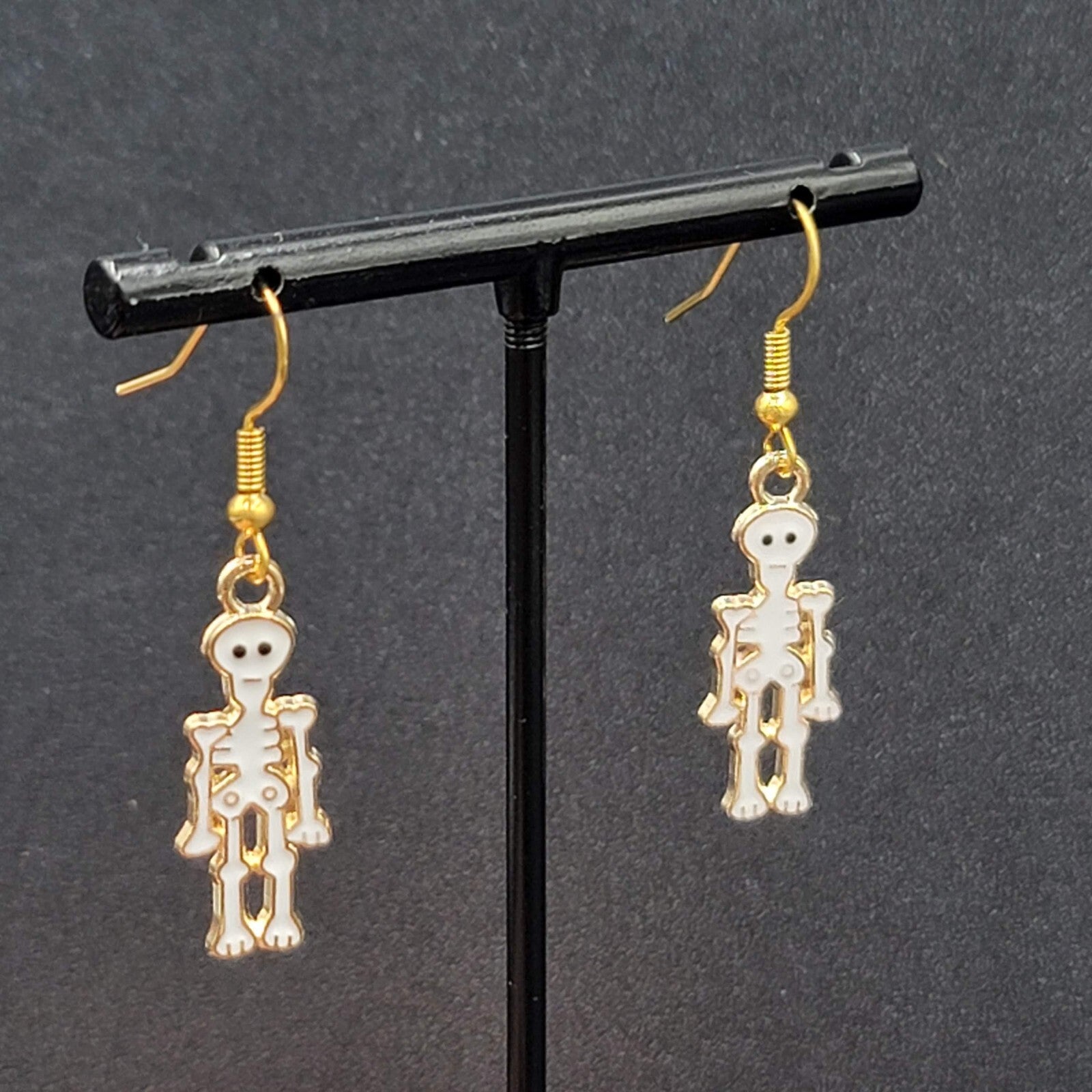 Halloween Skeleton Pierced Earrings Gold tone White Enamel Dangle 1"