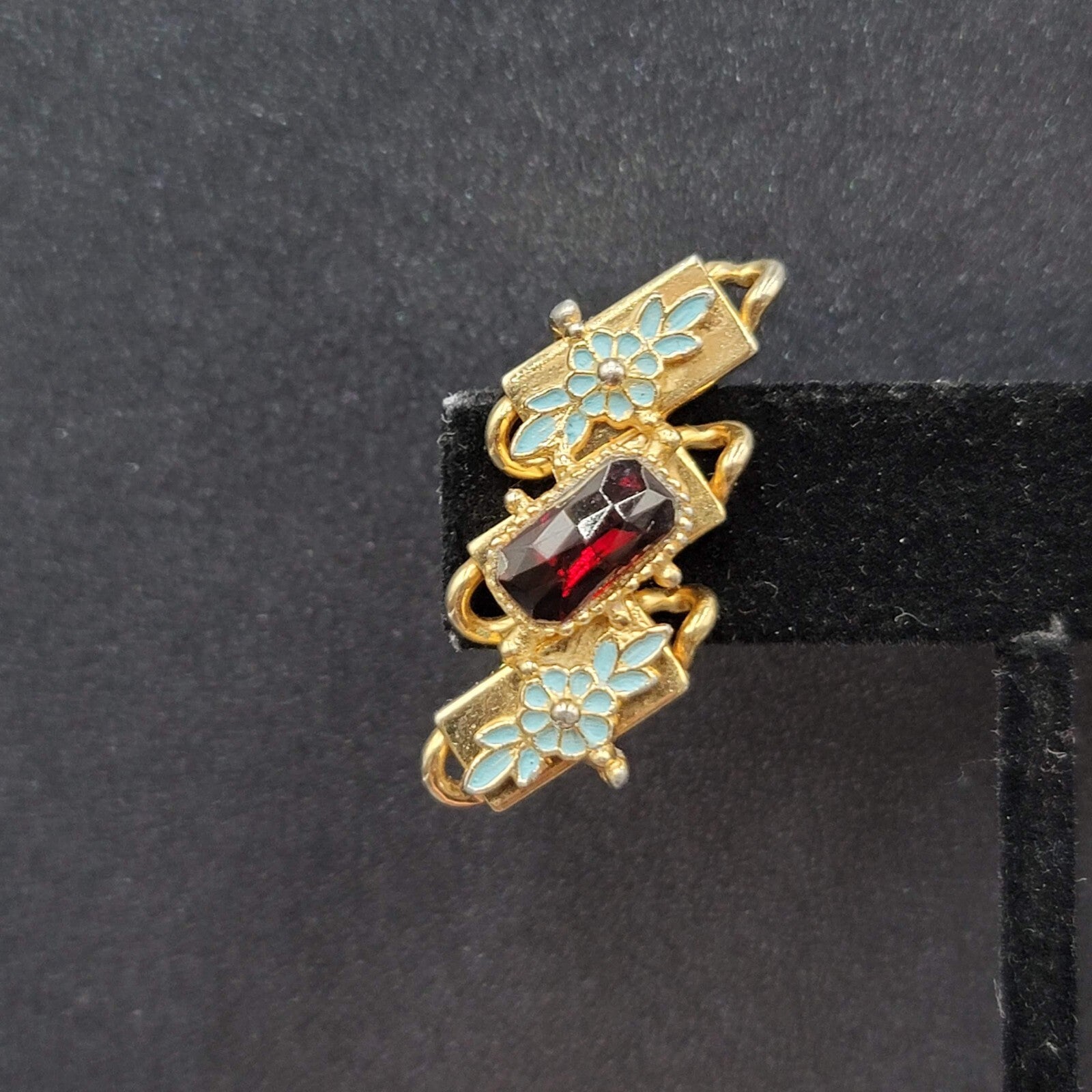 Vintage Clip on Earrings Gold tone Blue Enamel Red Rhinestone Climber 1 3/8"
