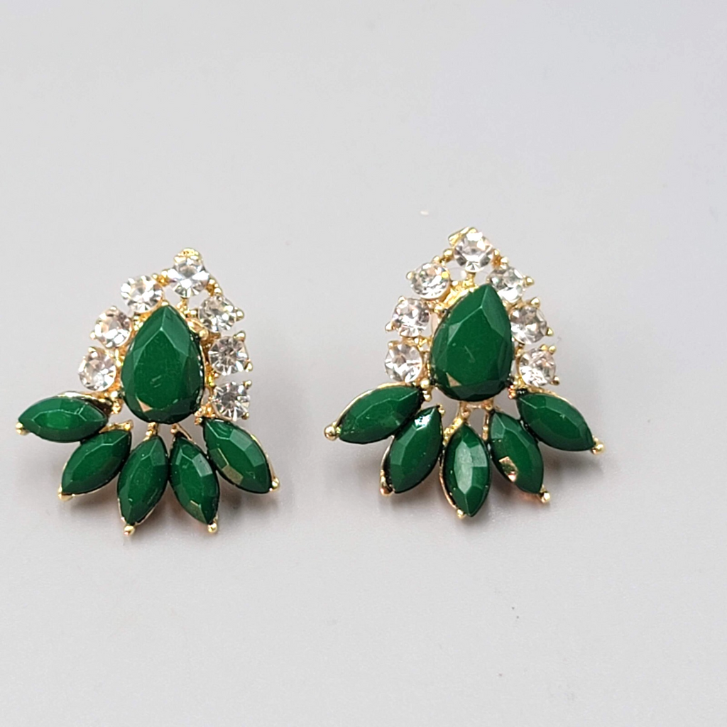Pierced Earrings Gold tone Green Accent Statement Drop 1"