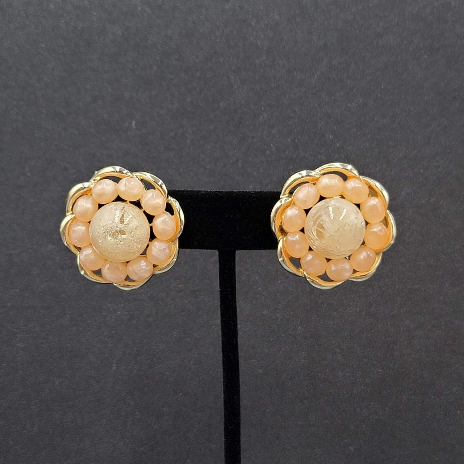 Vintage Coro Clip on Earrings Peach and White Cluster Bead 1 1/8"