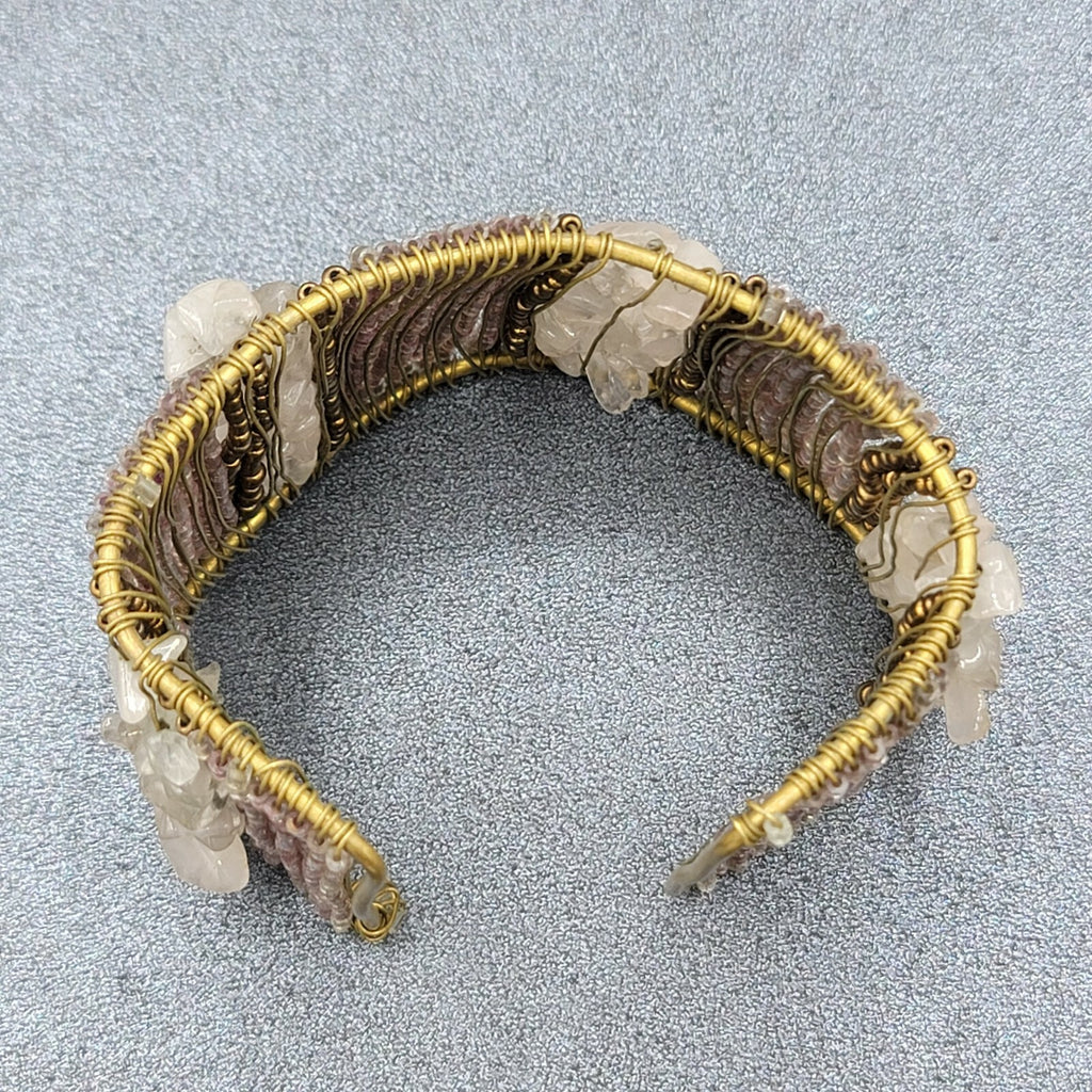 CHUNKY Urban Artisanal Metal Wire Wrapped Wide Cuff Bracelet Quartz Beads
