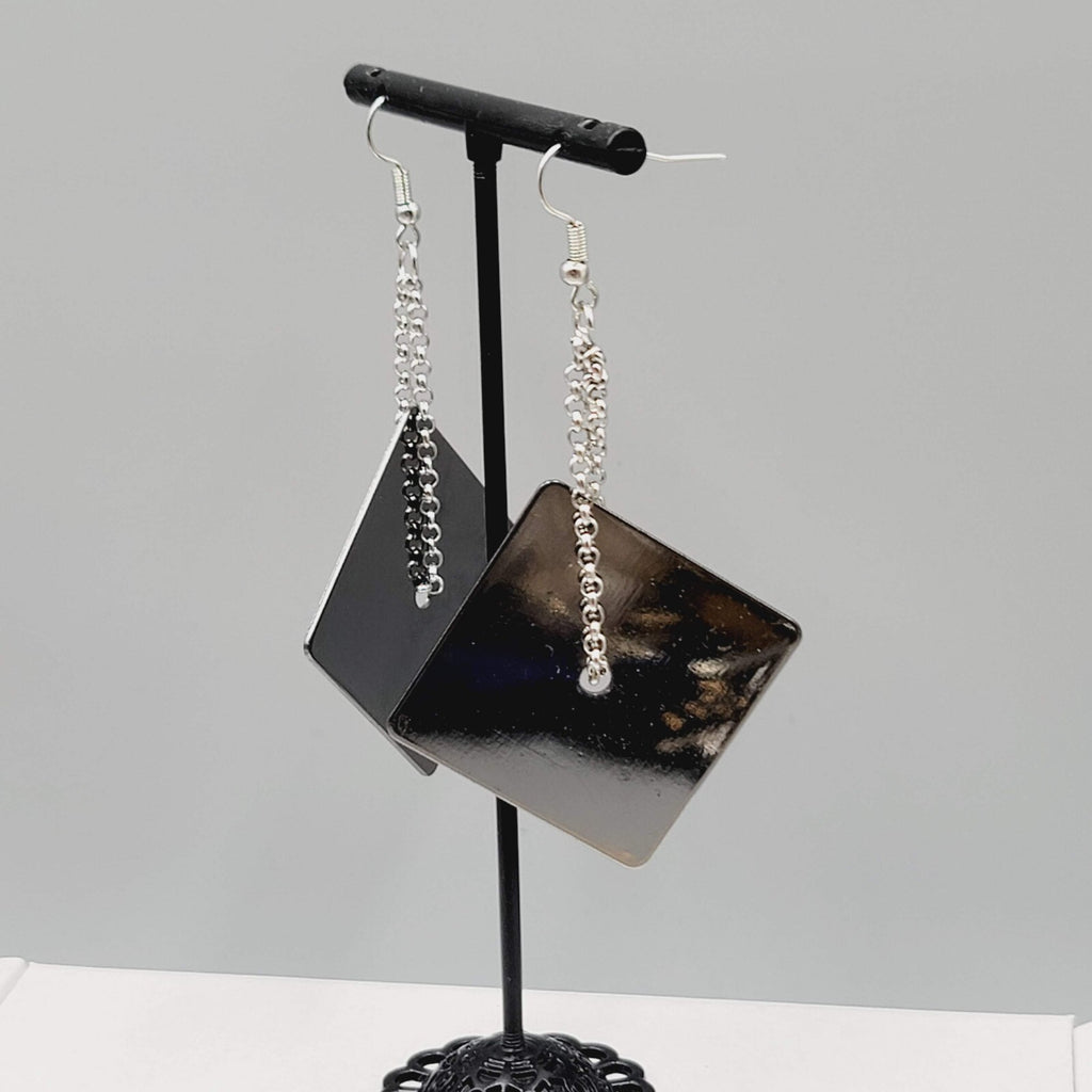 Pierced Earrings Silver tone Chain Black Metal Square Dangle Unique 2.5"