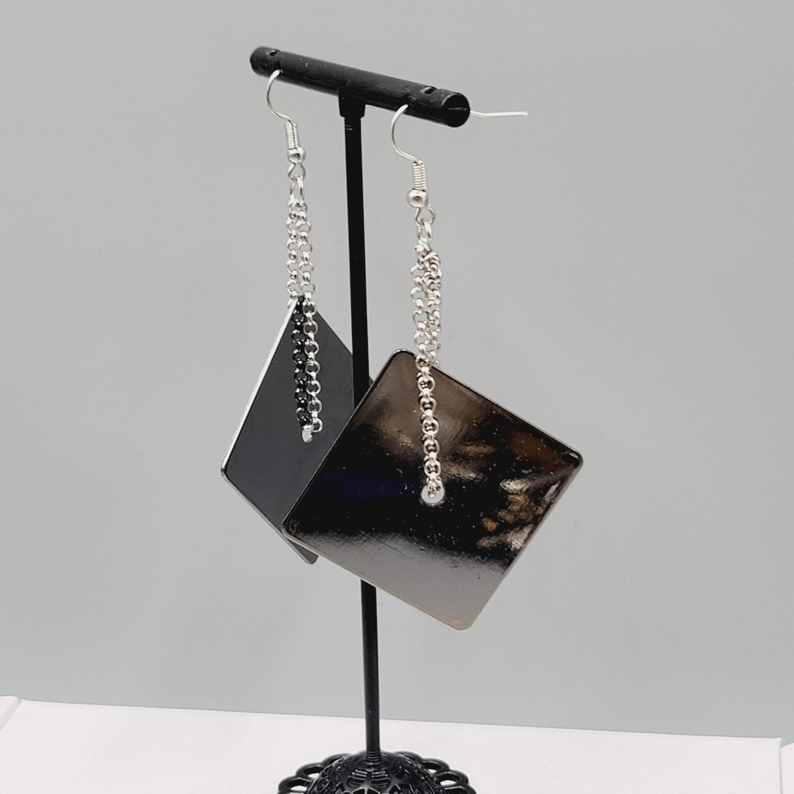 Pierced Earrings Silver tone Chain Black Metal Square Dangle Unique 2.5"