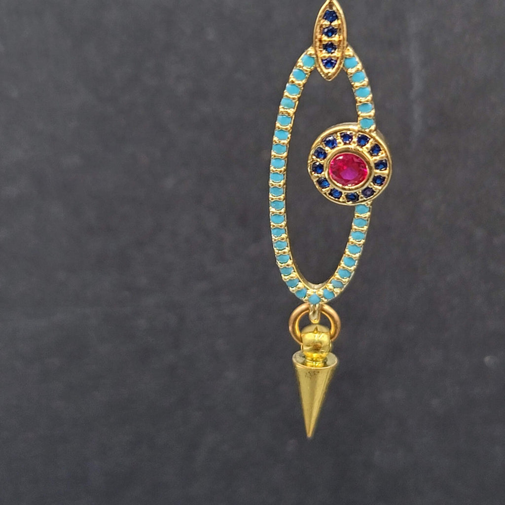 Pierced Earrings Gold tone Blue Pink Crystals Evil Eye Dangle 1 5/8"