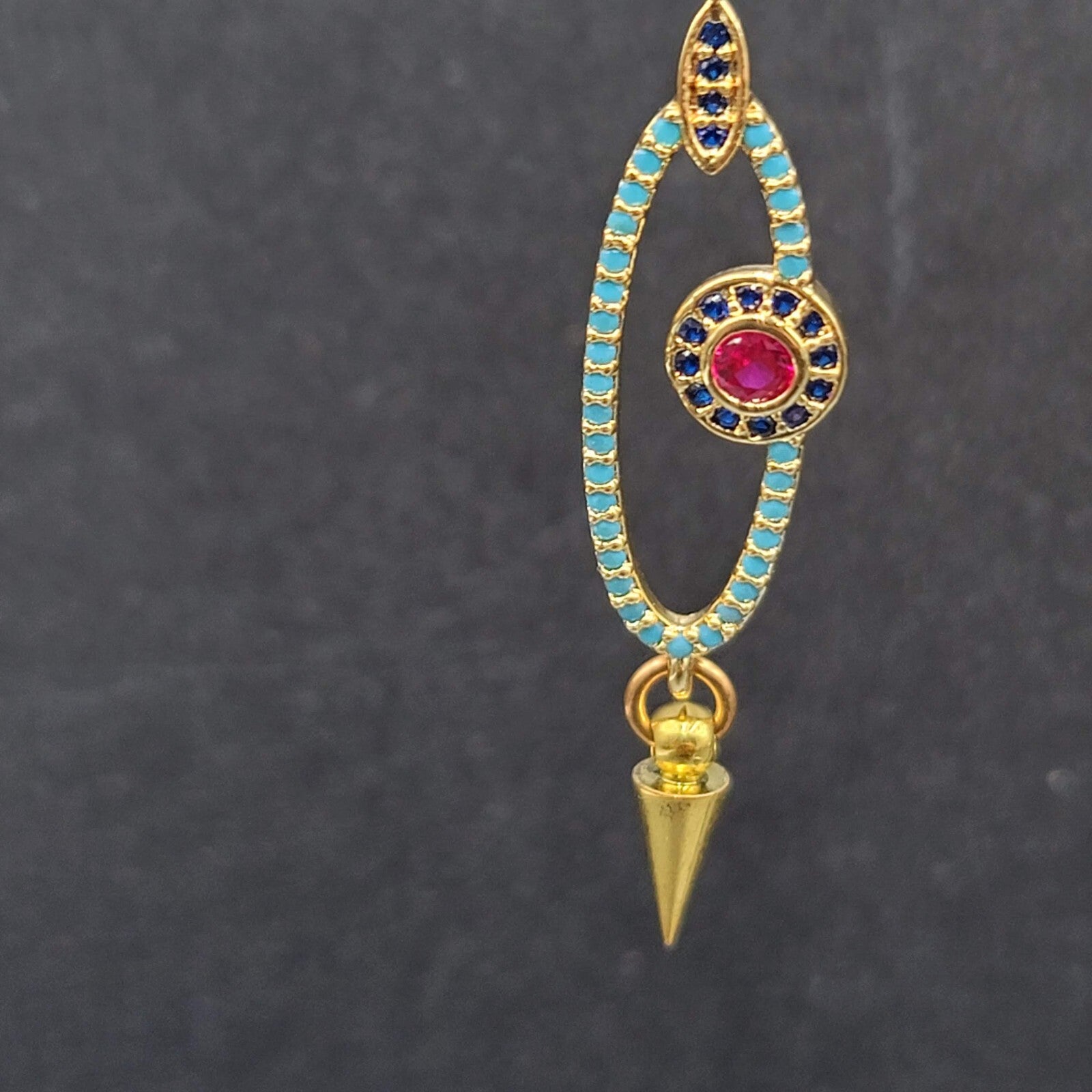 Pierced Earrings Gold tone Blue Pink Crystals Evil Eye Dangle 1 5/8"