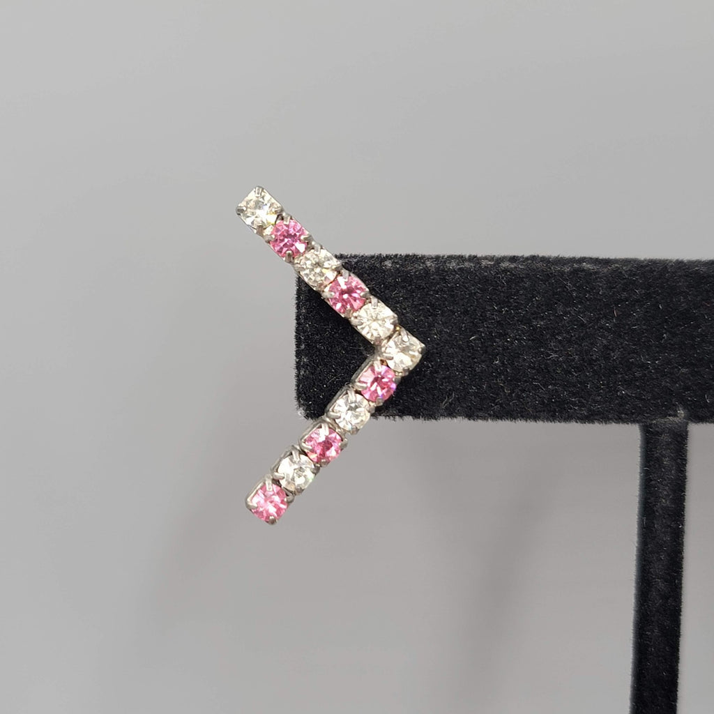 Pink Clear Rhinestones Pierced Earrings Silver tone Drop 1"