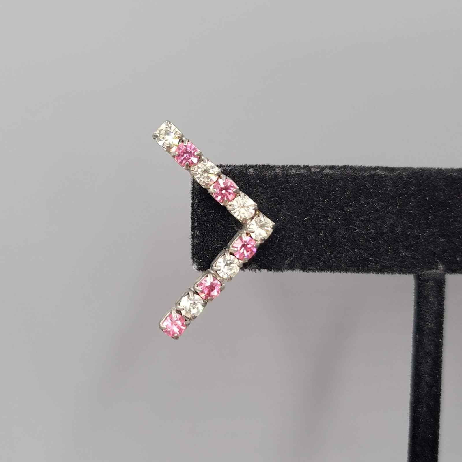 Pink Clear Rhinestones Pierced Earrings Silver tone Drop 1"