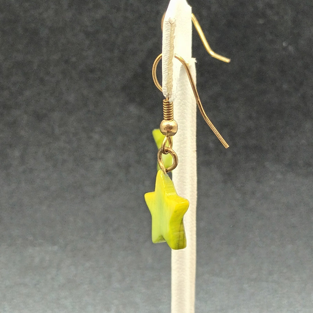 Pierced Earrings Gold tone Hook Green Dyed Shell Star Bead Dangle  5/8"