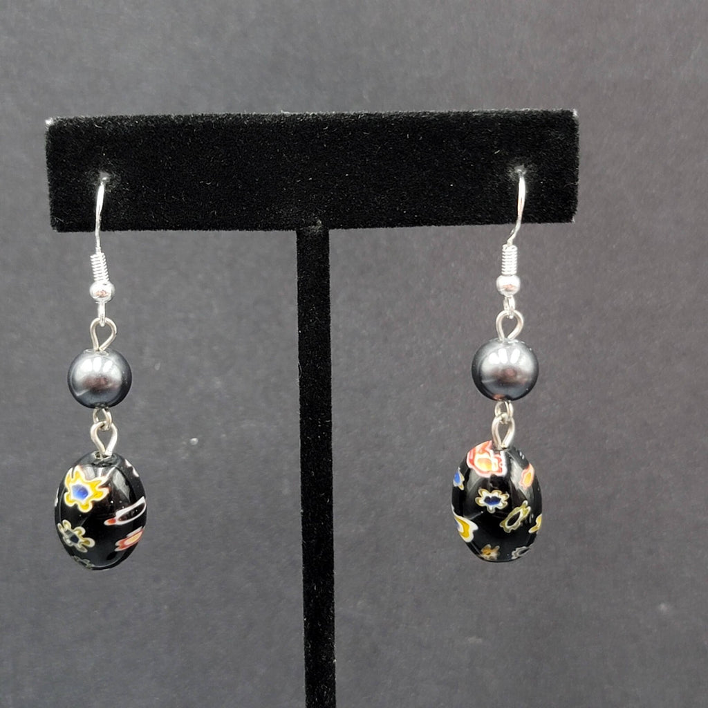 Pierced Earrings Sterling Silver Hooks Black Flower Art Glass Beads 1.25"