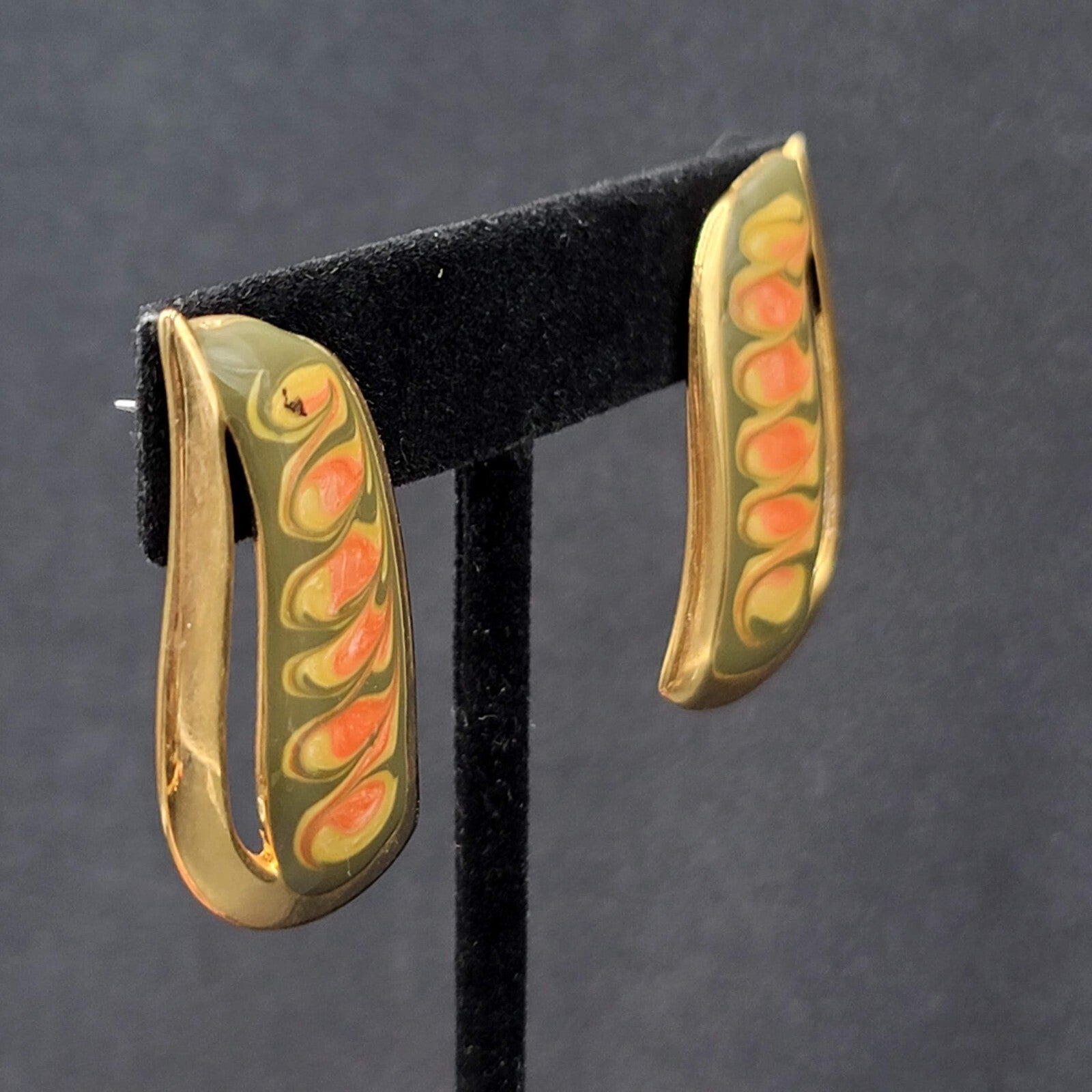Vintage Pierced Earrings Gold tone Green Pink Enamel Swirl Statement Drop 1.5"