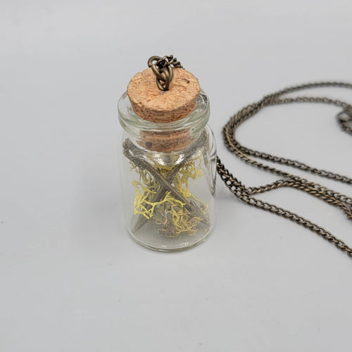 Artisan Glass Bottle Moss Arrows Pendant Necklace Long Bronze tone Chain 32 in