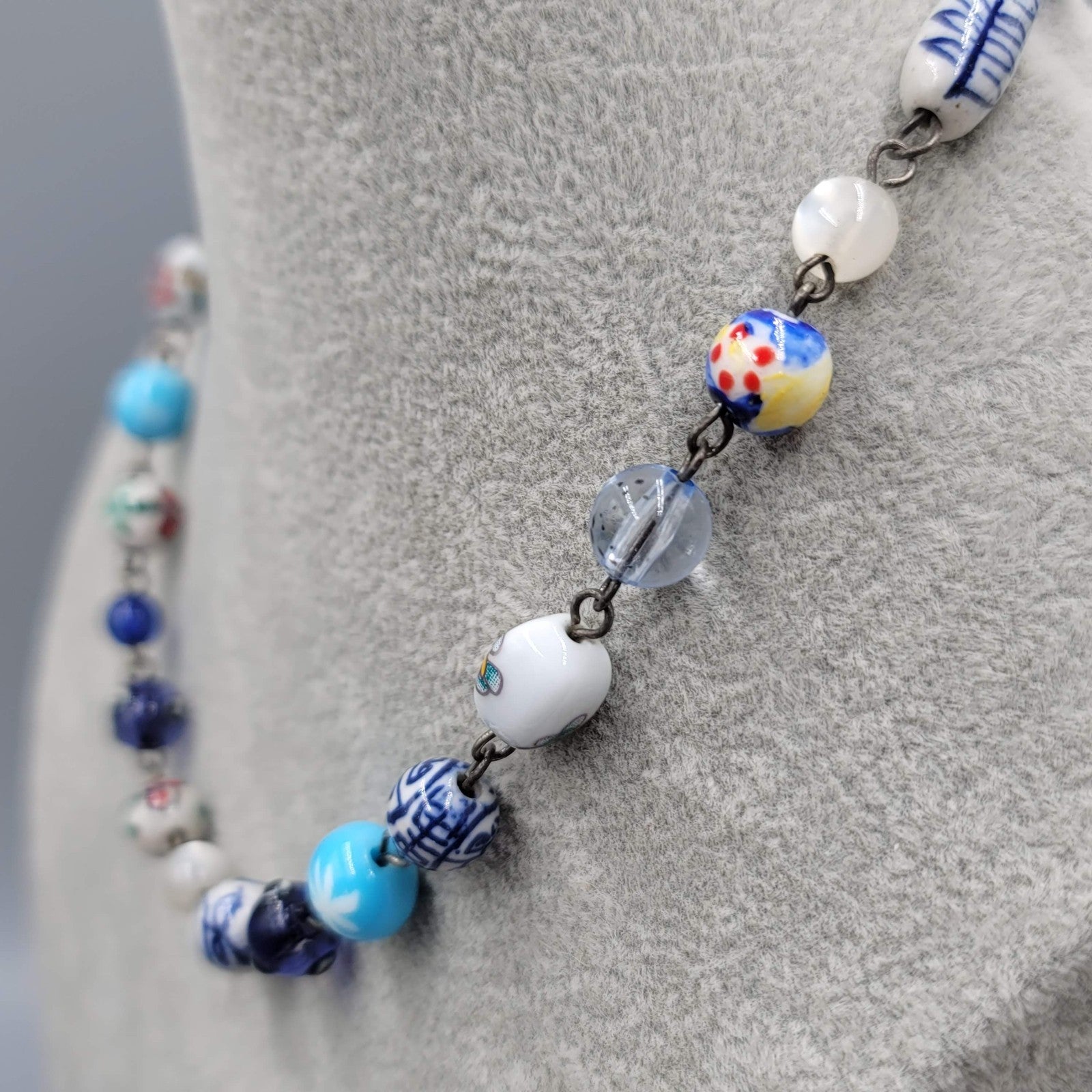 Eclectic Blue Glass Bead Necklace Flowers Multicolor Silver tone 16 in