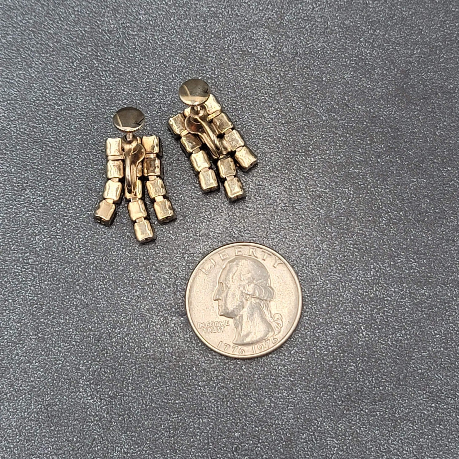 Vintage Clip on Earrings Gold tone Amber Orange Rhinestone Screw Back 1"