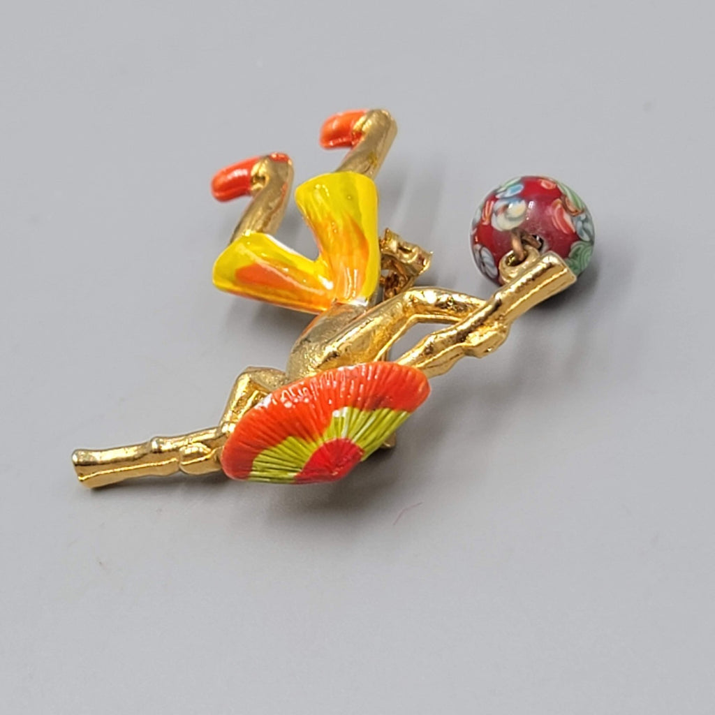 Vintage Asian Water Carrier Brooch Gold tone Enamel Flower Bead 1.5"
